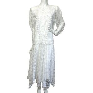 80s Jessica McClintock Victorian Bridal Dress Lace Drop Waist White Size Large